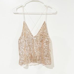 Free People Strappy Light Pink Sequin Cropped Layered Spaghetti Strap Tank Top